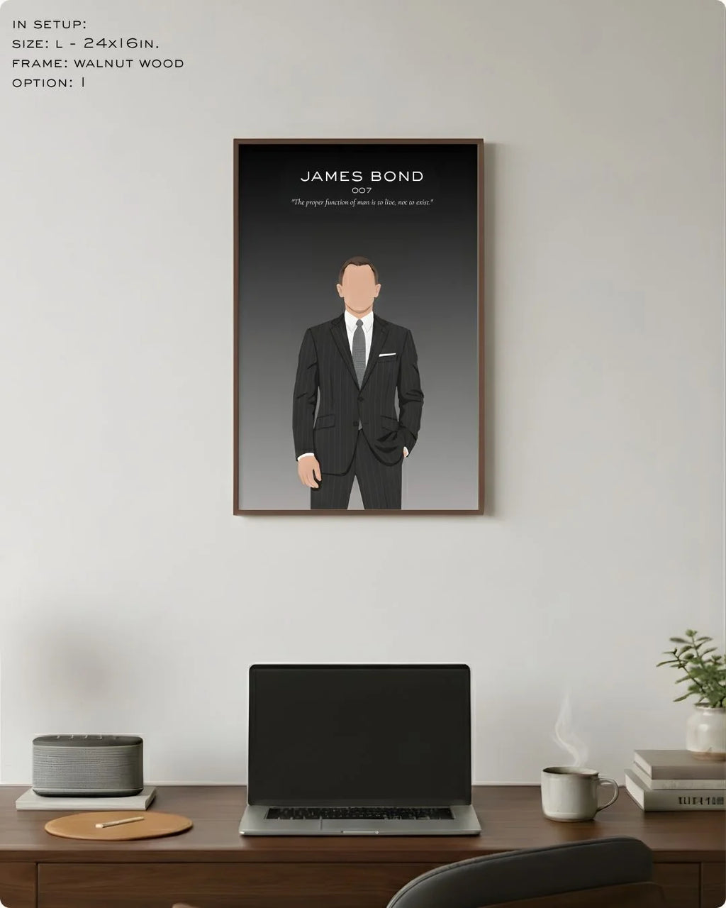 Large (Size L - 24x16in) James Bond minimalist spy art in a Walnut Wood frame, showing the ideal scale for a professional office wall setup.