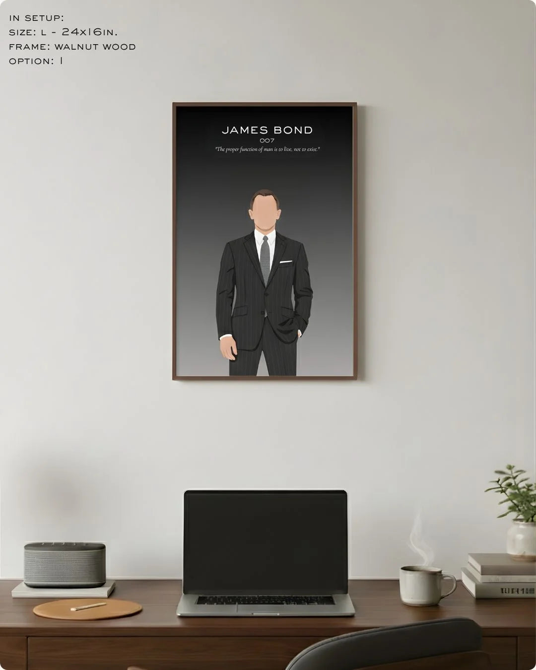 Large (Size L - 24x16in) James Bond minimalist spy art in a Walnut Wood frame, showing the ideal scale for a professional office wall setup.