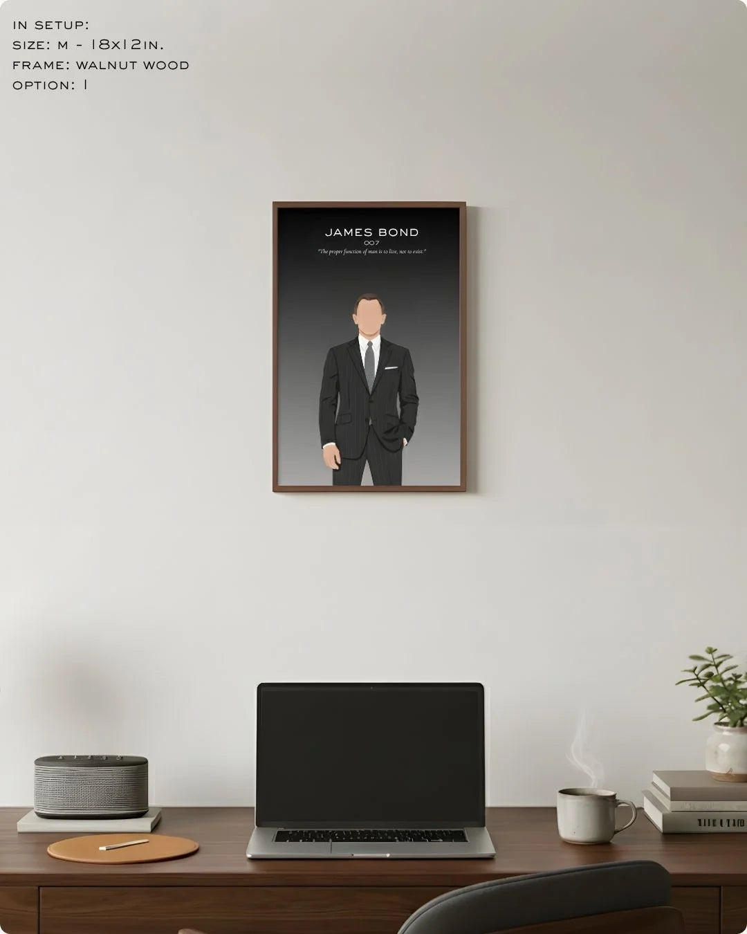 Medium (Size M - 18x12in) James Bond "proper function of man" quote print in a Walnut Wood frame. Perfect scale for a compact home office or study nook.