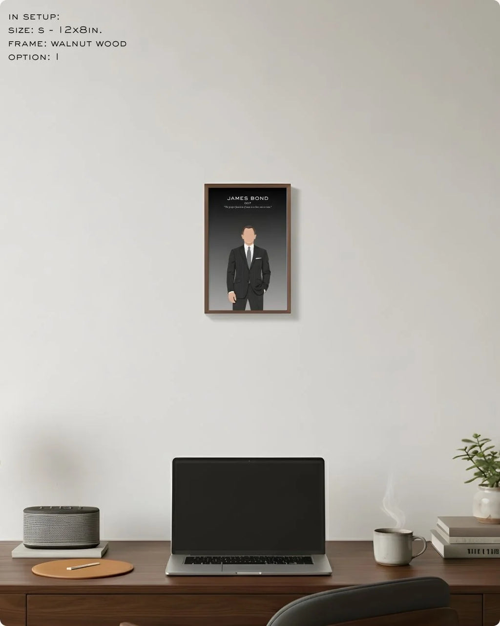 Small (Size S - 12x8in) James Bond art print in a Walnut Wood frame. A refined, classic accent for shelf styling or a minimalist gallery wall.