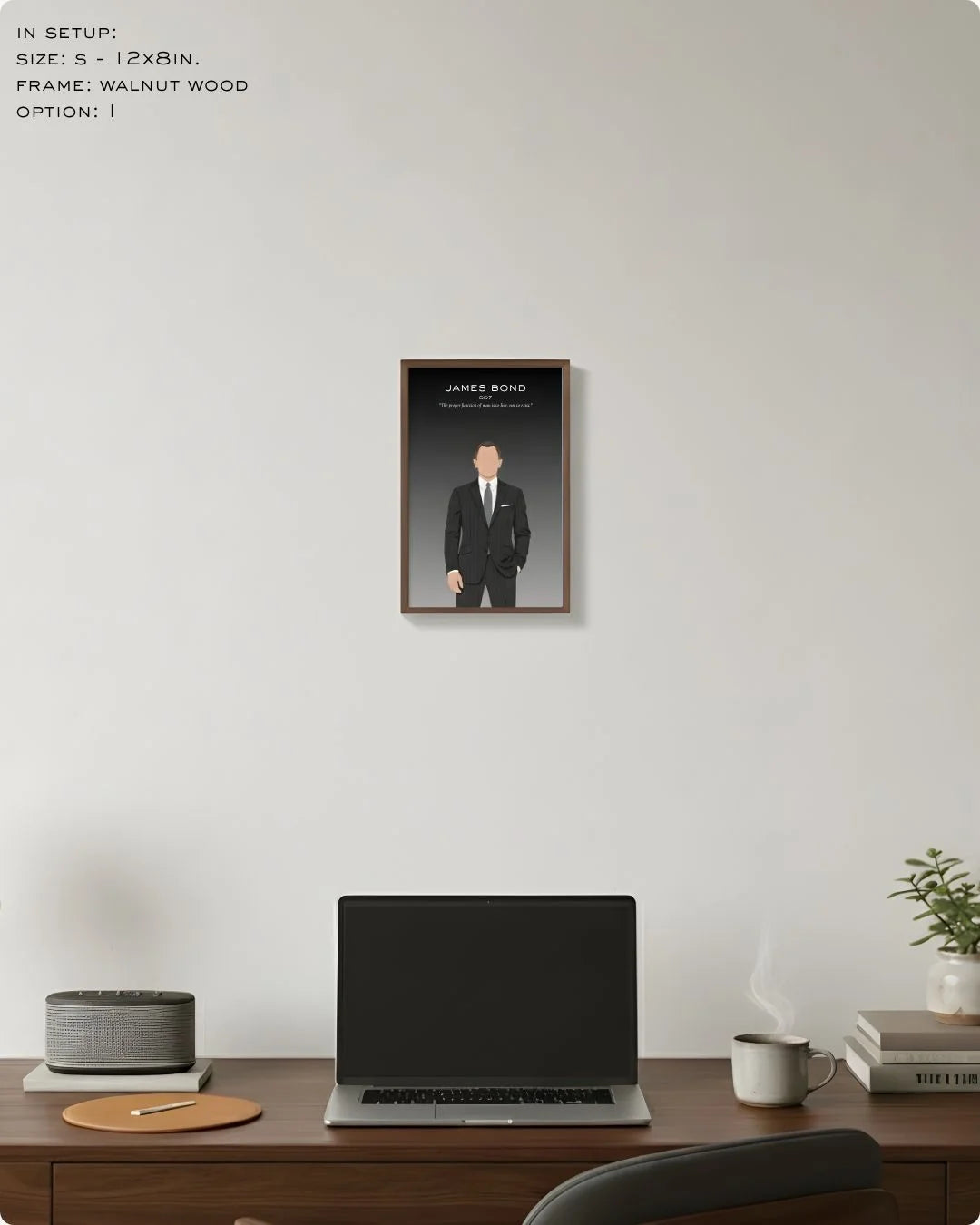 Small (Size S - 12x8in) James Bond art print in a Walnut Wood frame. A refined, classic accent for shelf styling or a minimalist gallery wall.
