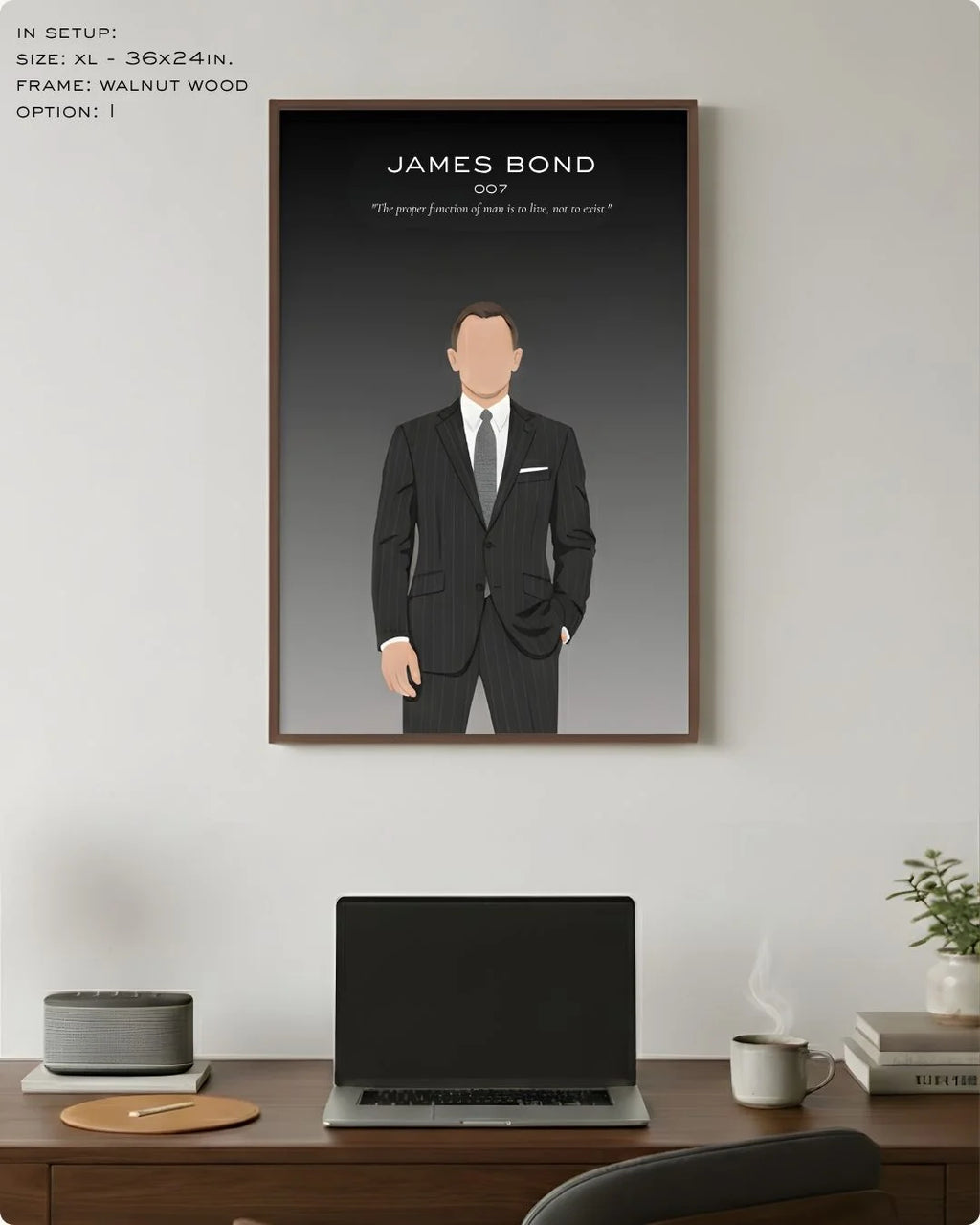 Extra Large (Size XL - 24x36in) James Bond pinstripe suit illustration in a premium Walnut Wood frame, demonstrating scale above a modern dark wood desk.