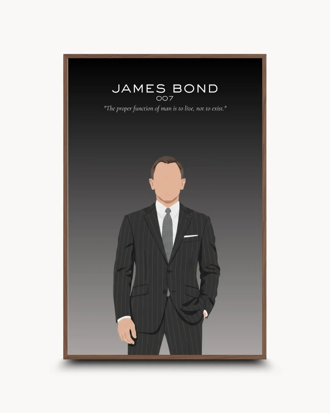 Sophisticated James Bond minimalist illustration in a Walnut Wood frame. High-contrast spy-themed wall art for premium home offices.