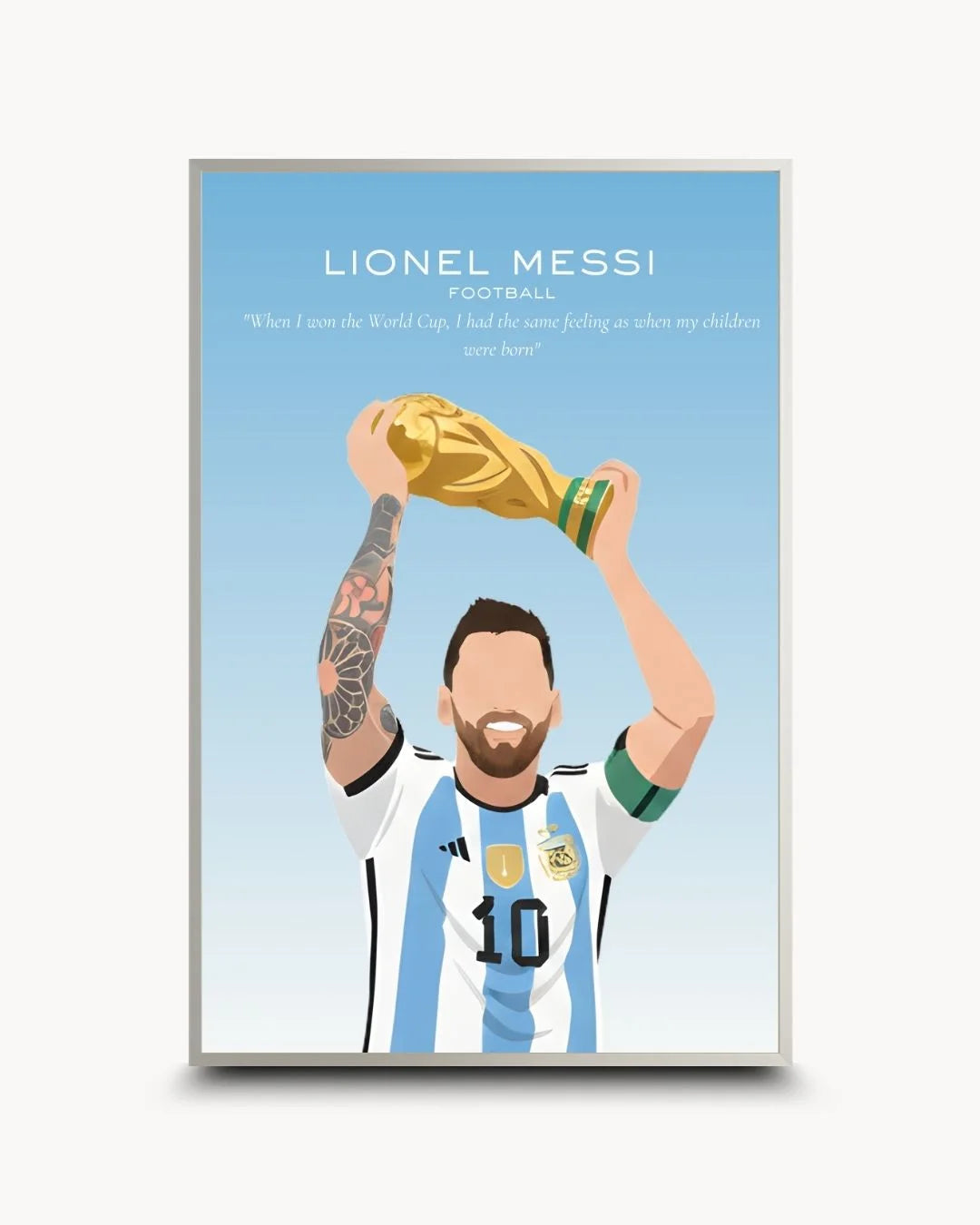 Modern minimalist Lionel Messi art in a sleek Satin Silver frame. Stylish and professional sports icon wall decor for urban homes.