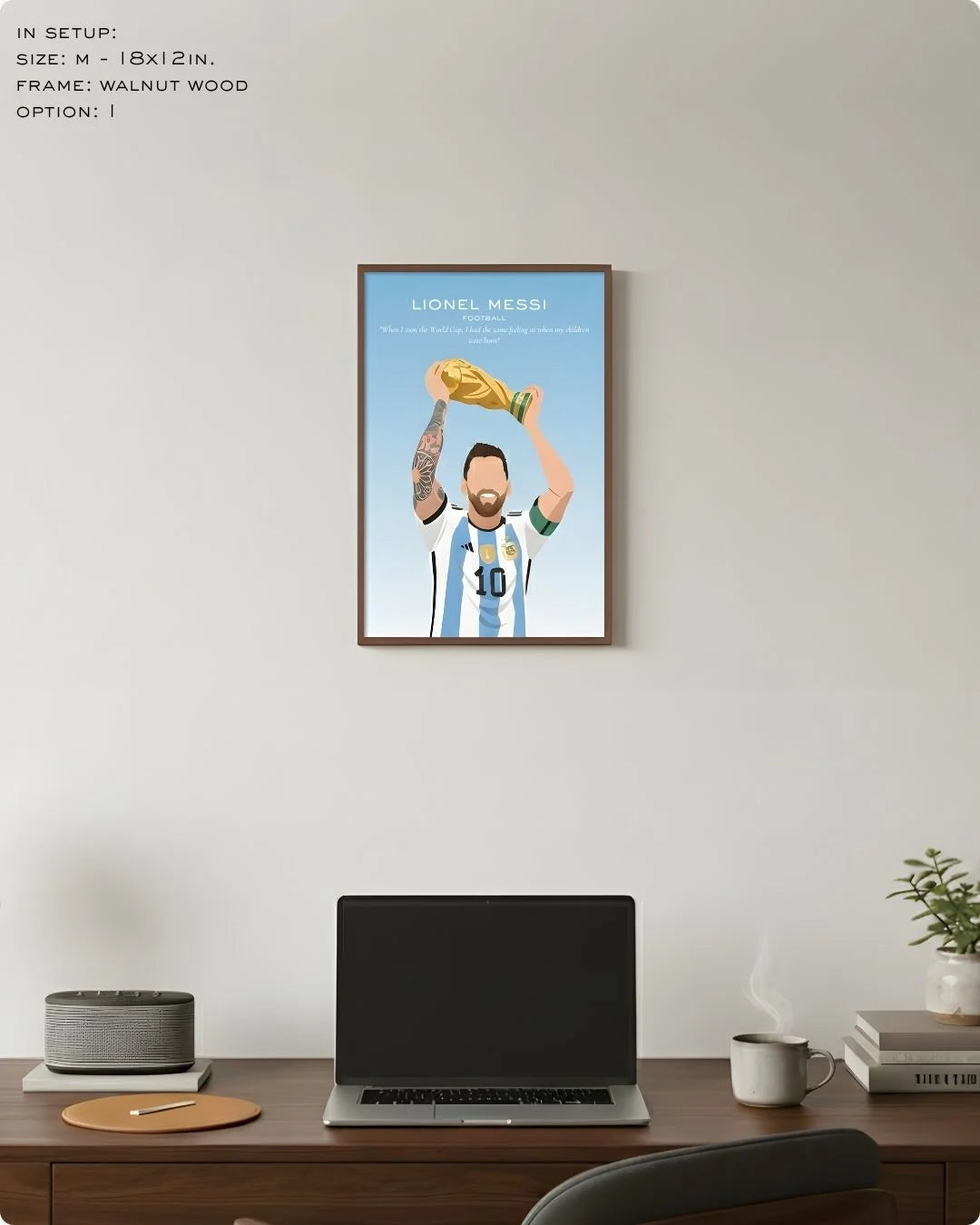 Medium (Size M - 18x12in) Lionel Messi Argentina minimalist illustration in a Walnut Wood frame. Perfect for a compact study or office setup.