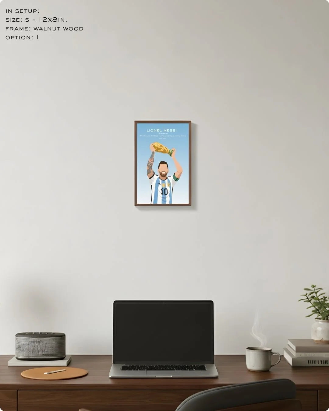 Small (Size S - 12x8in) Lionel Messi Argentina trophy lift art in a Walnut Wood frame. A refined sports accent for small walls or shelf styling.