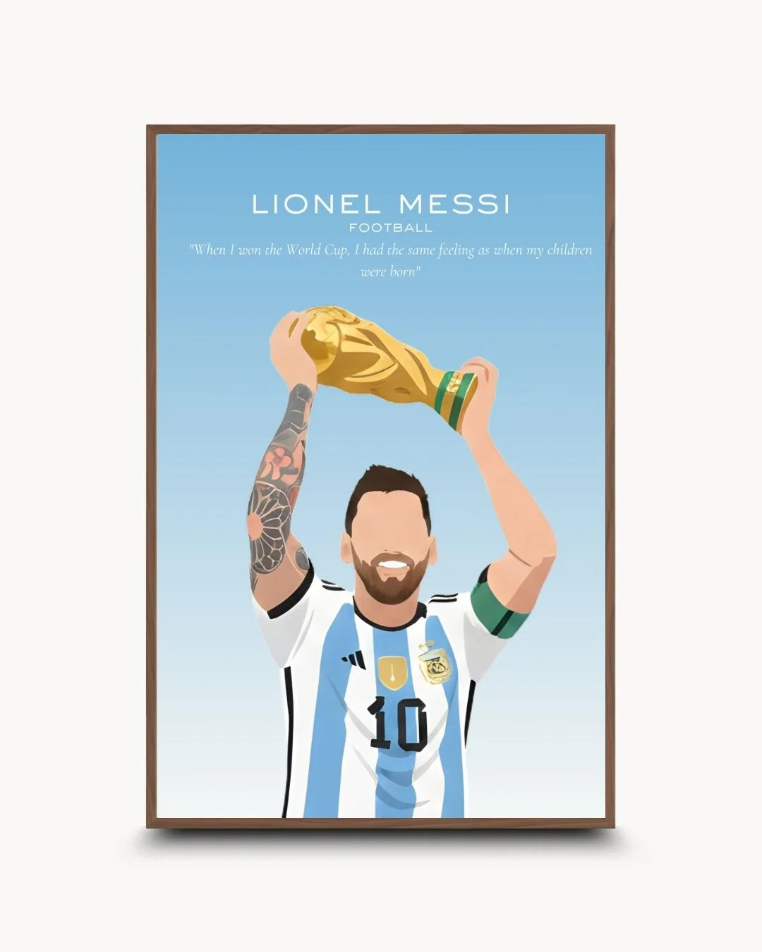 Sophisticated Messi minimalist illustration in a Walnut Wood frame. High-contrast football legend wall art for premium home offices or sports rooms.