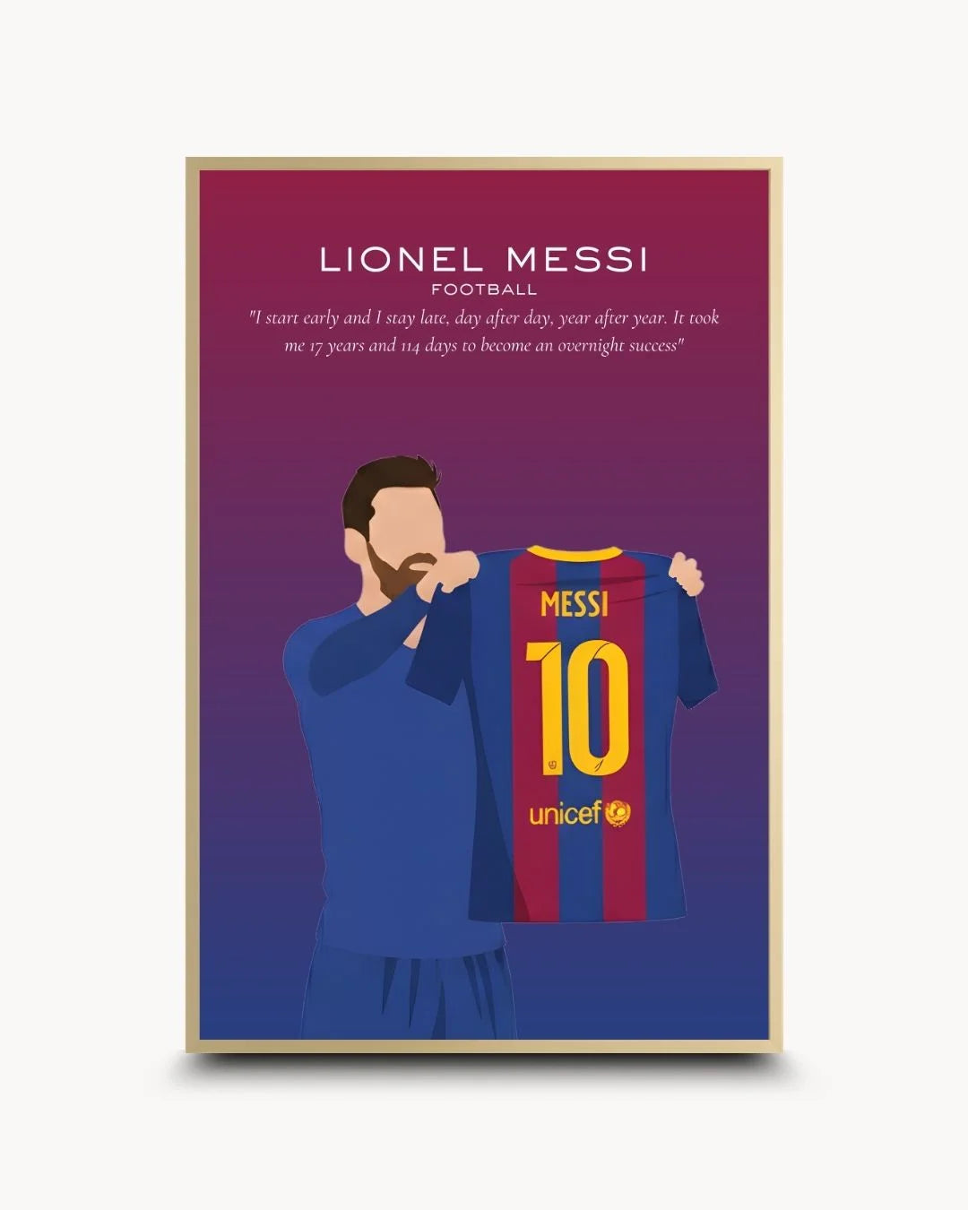 Luxury Lionel Messi Barcelona silhouette in a Satin Gold frame. Premium pop culture wall art for ultimate football collectors by K2C Co.