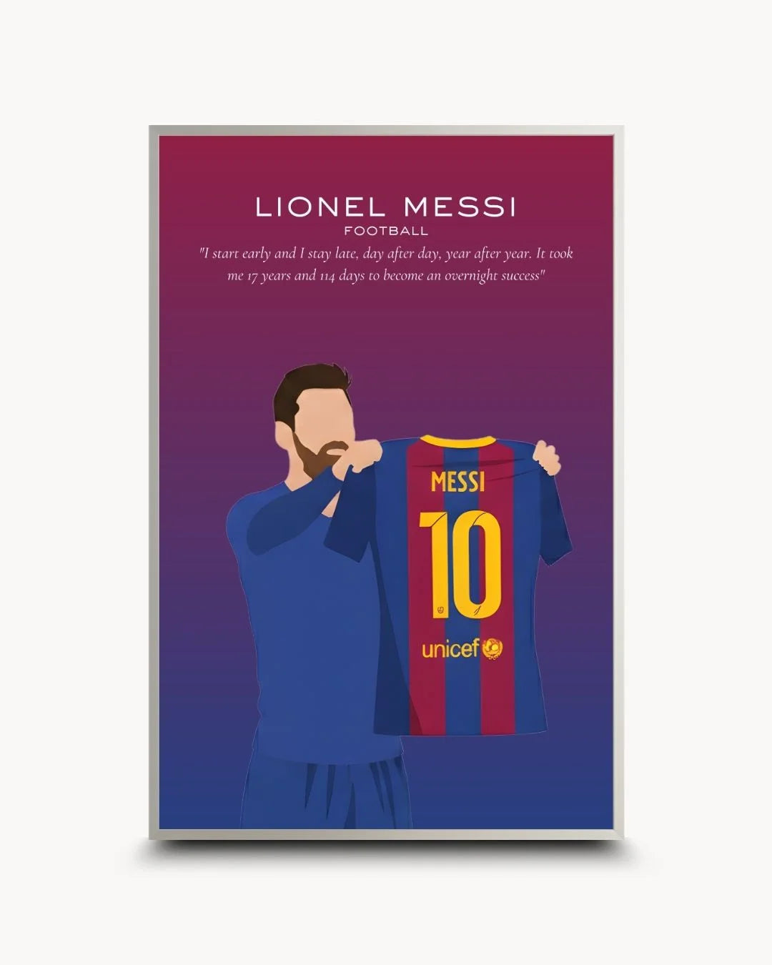 Modern minimalist Lionel Messi Barcelona art in a sleek Satin Silver frame. Stylish and professional sports icon wall decor for urban homes.
