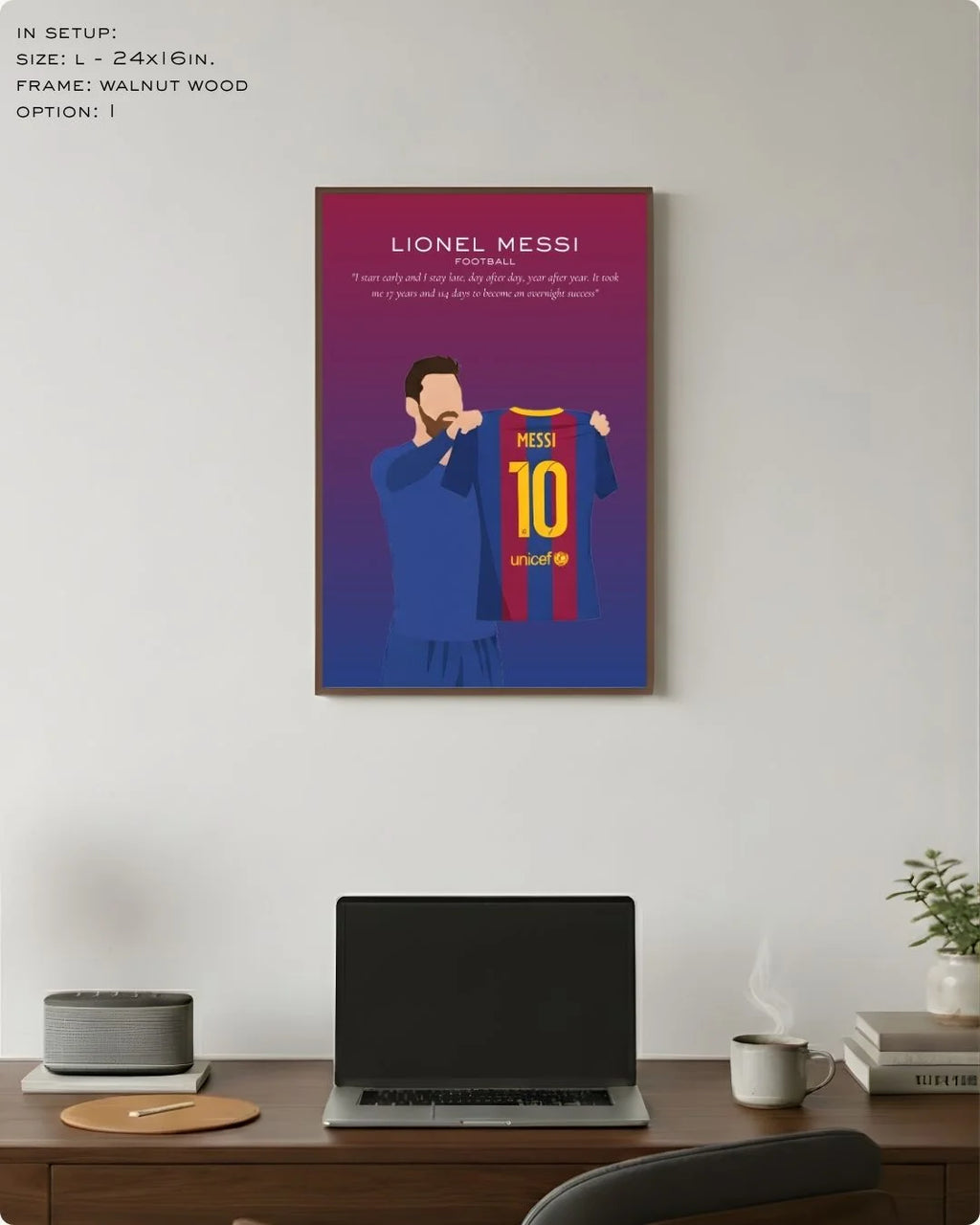 Large (Size L - 24x16in) Lionel Messi minimalist Blaugrana art in a Walnut Wood frame, showing the ideal scale for a professional office wall setup.