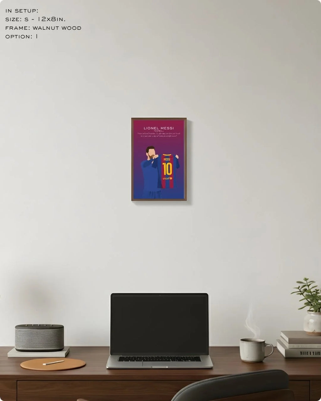 Small (Size S - 12x8in) Lionel Messi Barcelona art print in a Walnut Wood frame. A refined, motivational accent for shelf styling or a minimalist gallery wall.