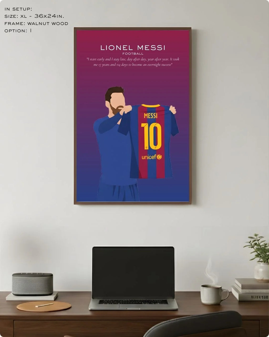 Extra Large (Size XL - 24x36in) Lionel Messi #10 illustration in a premium Walnut Wood frame, demonstrating scale above a modern dark wood desk.