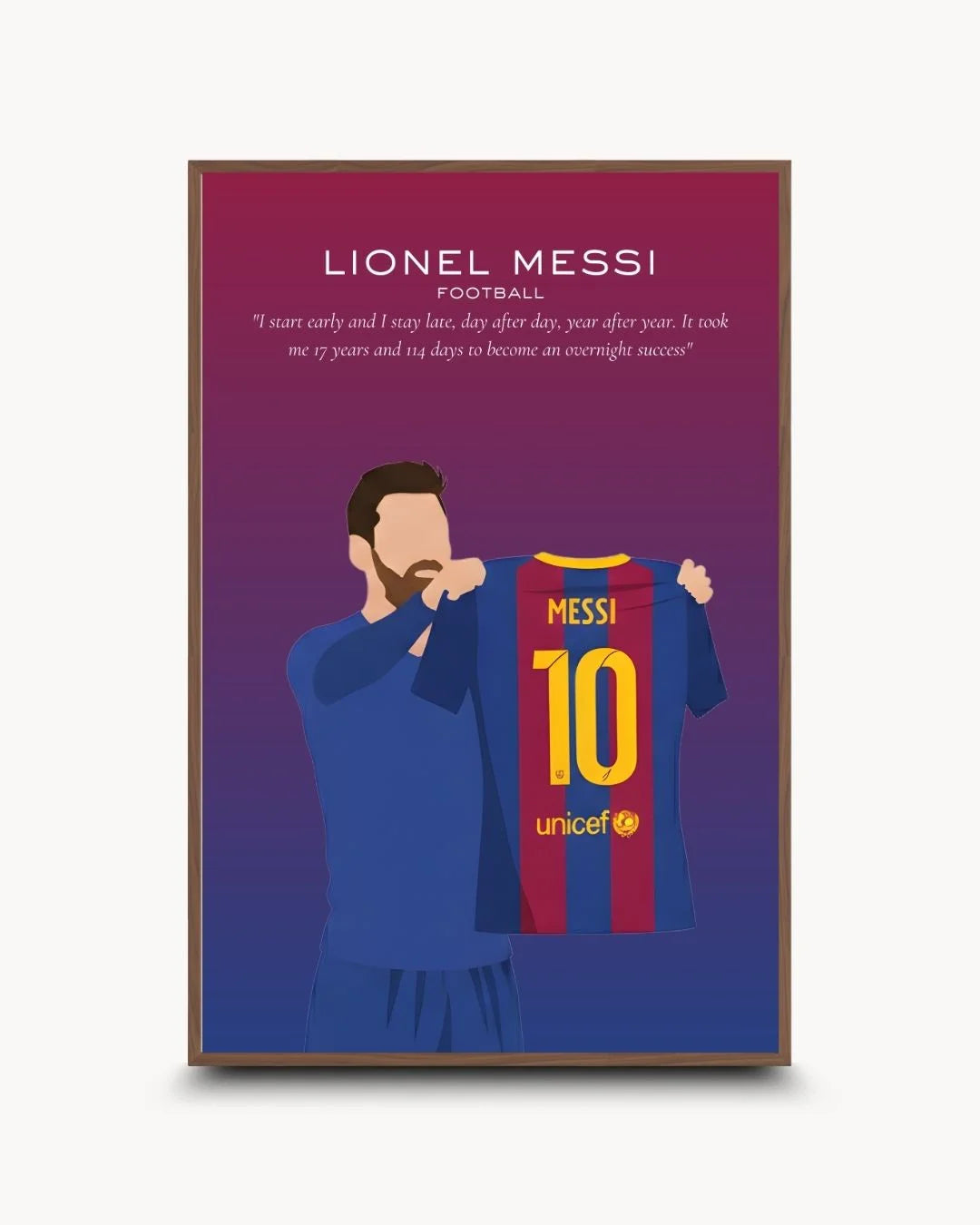 Sophisticated Messi Barcelona minimalist illustration in a Walnut Wood frame. High-contrast football legend wall art for premium home offices or sports rooms.