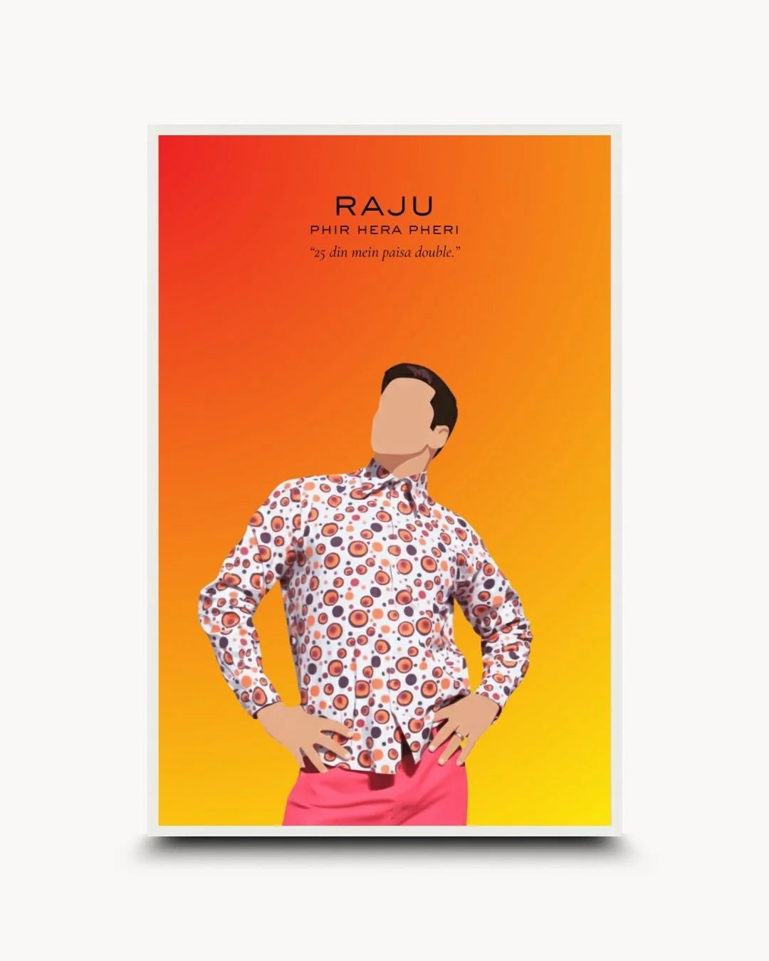Pop Culture: Icons - Raju Khanna art print in a Moon White frame. Clean, minimalist Bollywood icon silhouette on a vibrant orange-yellow gradient.