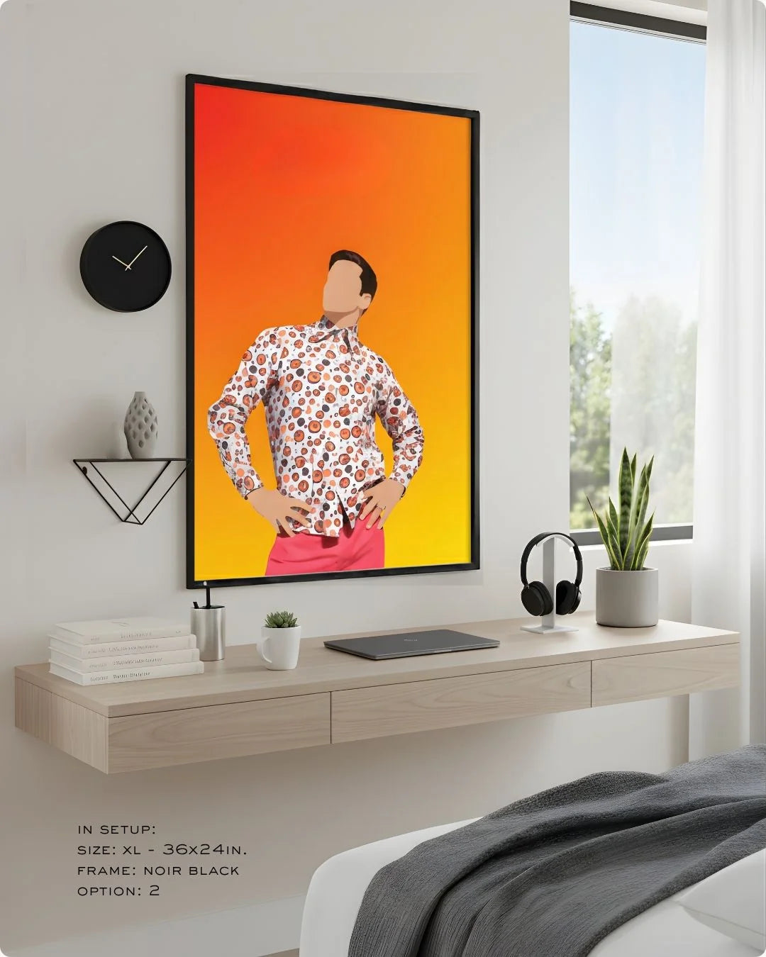 Minimalist Raju (Phir Hera Pheri) print in an XL Noir Black frame (24x36in) styled above a light wood floating desk in a modern bedroom-office.