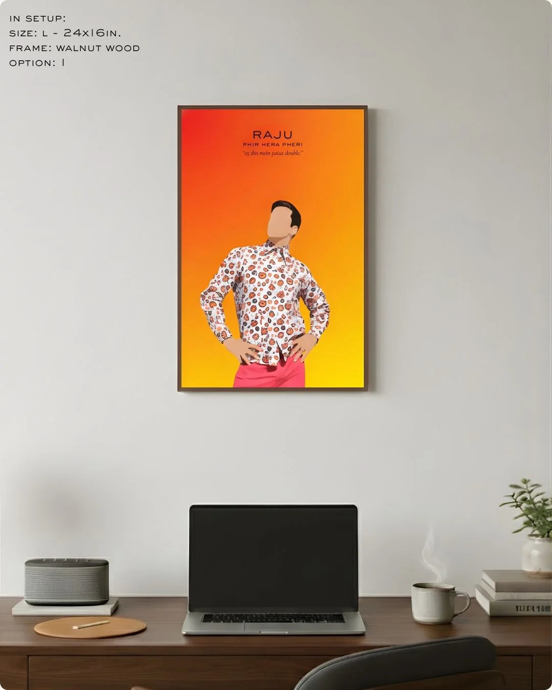 Large (Size L - 24x16in) Raju Khanna minimalist Bollywood icon art in a Walnut Wood frame, showing the ideal scale for a creative office wall setup.