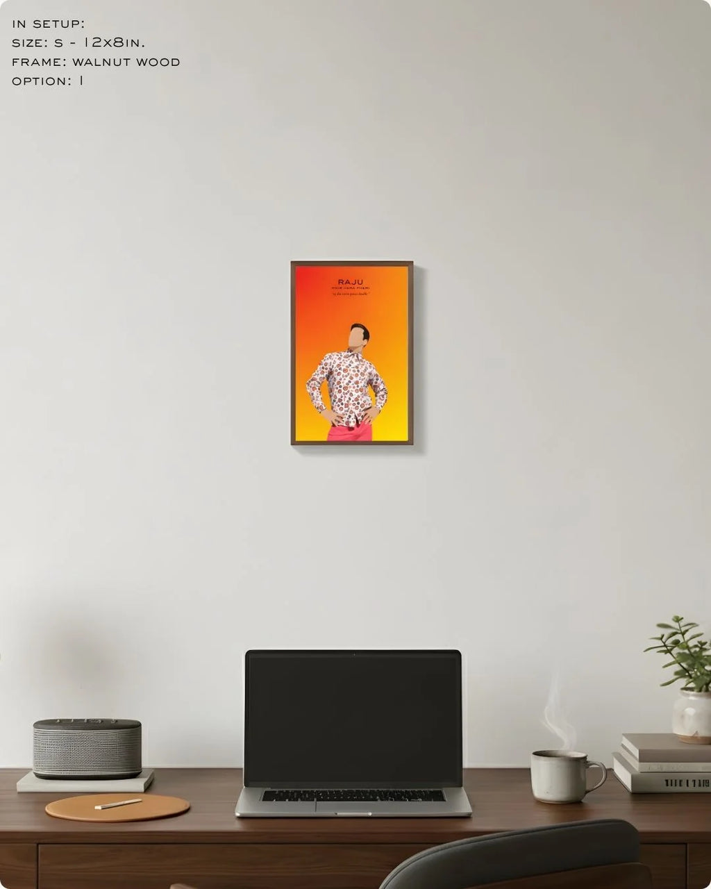 Small (Size S - 12x8in) Raju Khanna art print in a Walnut Wood frame. A refined, energetic accent for shelf styling or a minimalist gallery wall.