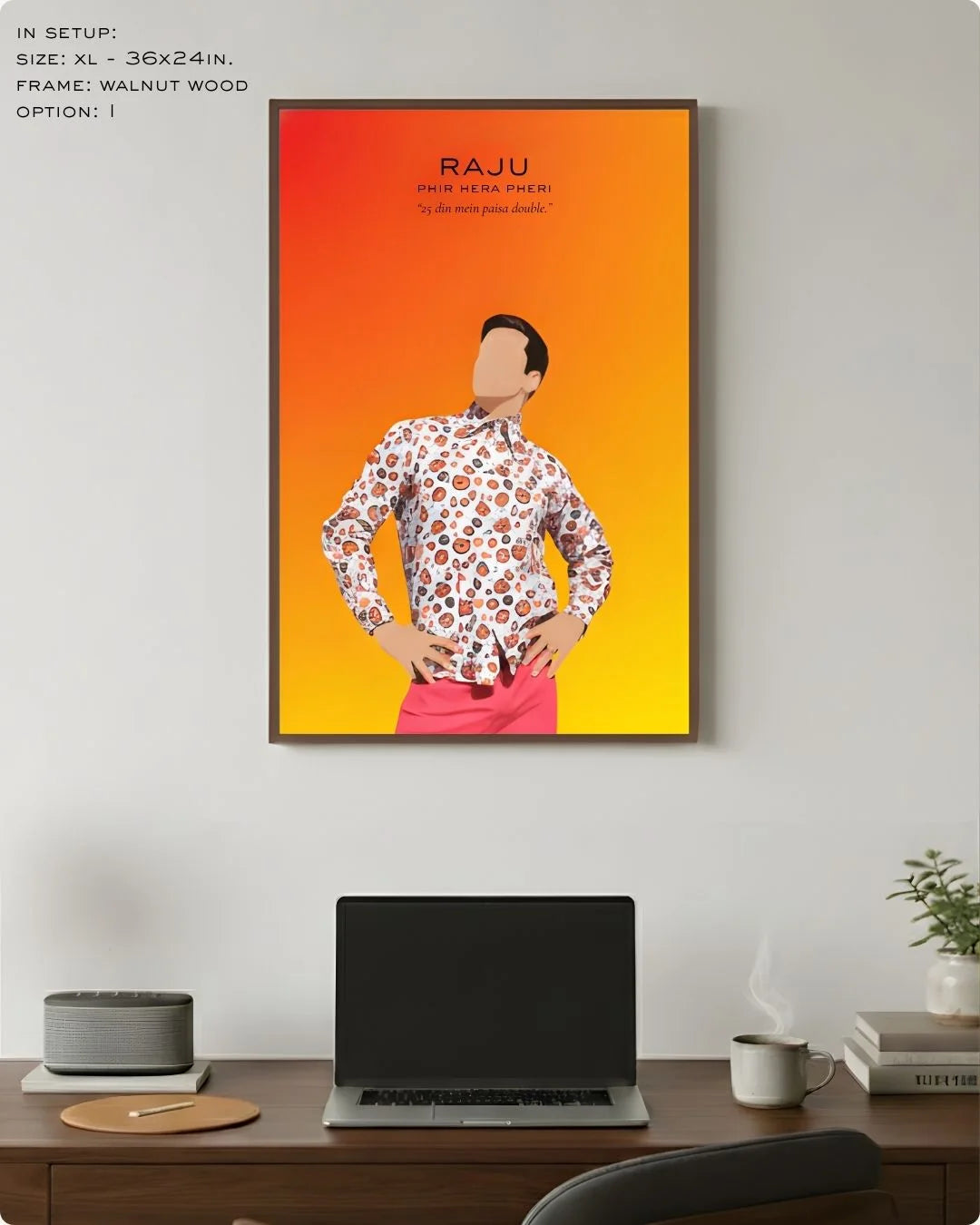 Extra Large (Size XL - 24x36in) Raju Khanna illustration in a premium Walnut Wood frame, demonstrating scale above a modern dark wood desk.