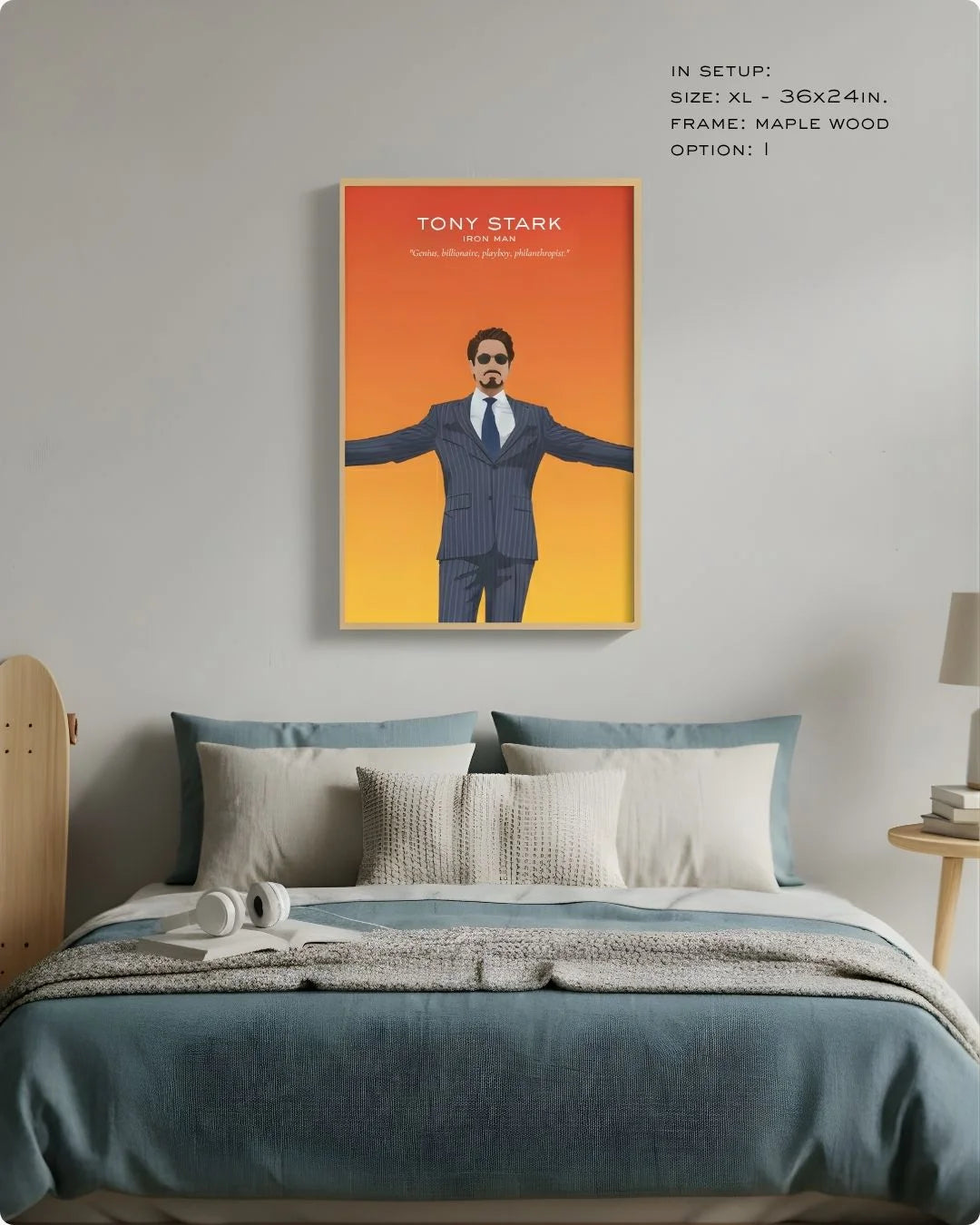 Tony Stark art print in a natural Maple Wood frame, styled as a bold focal point above a bed in a serene neutral bedroom.