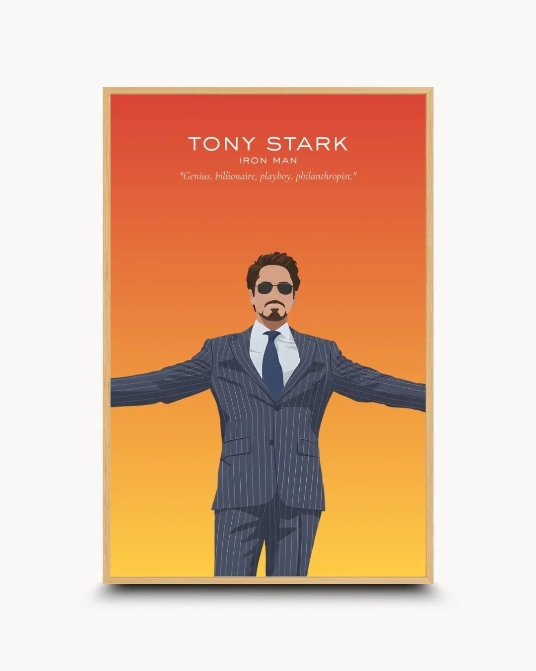 Iconic Tony Stark flat art in a natural Maple Wood frame. Contemporary superhero-inspired decor for modern, light interiors.