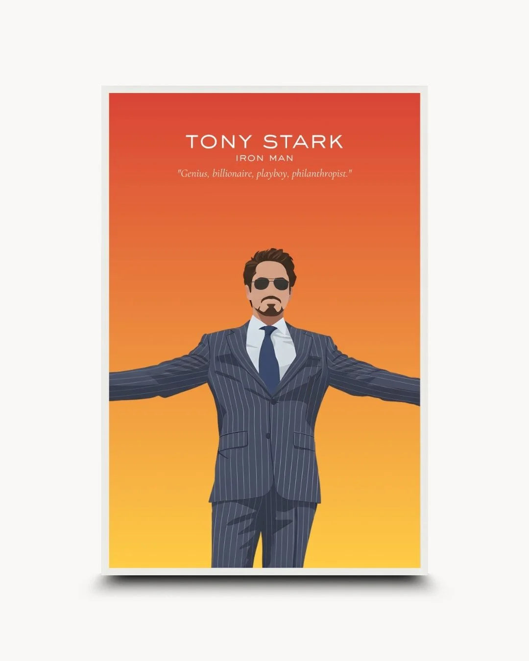 Pop Culture: Icons - Tony Stark art print in a Moon White frame. Clean, minimalist Marvel icon silhouette with "Genius, billionaire, playboy, philanthropist" quote.
