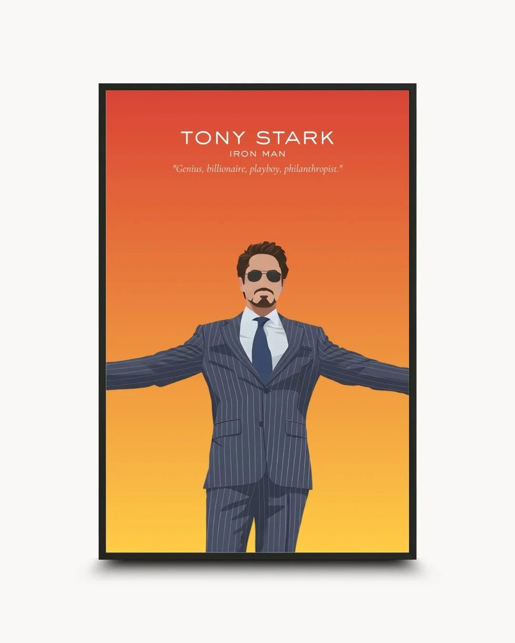 Minimalist Tony Stark (Iron Man) illustration in a pinstripe suit, framed in a 0.5-inch Noir Black frame. Features an orange-red gradient background and his famous "Genius" quote.
