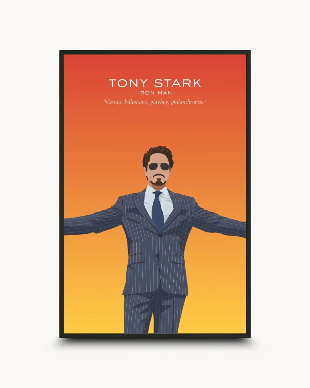 Minimalist Tony Stark (Iron Man) illustration in a pinstripe suit, framed in a 0.5-inch Noir Black frame. Features an orange-red gradient background and his famous "Genius" quote.