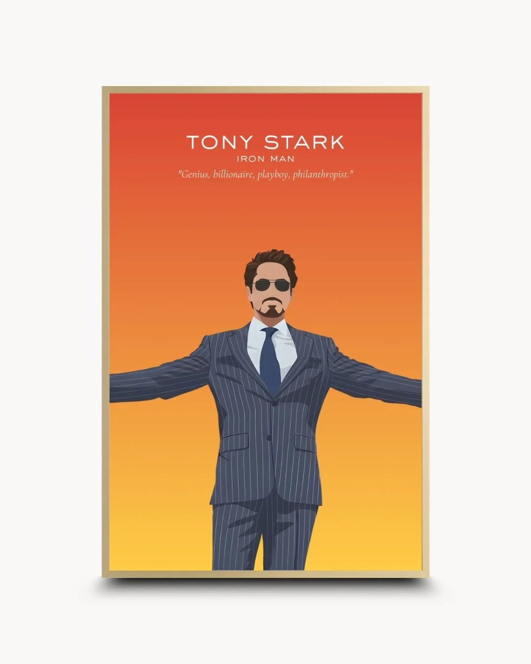 Luxury Tony Stark silhouette in a Satin Gold frame. Premium pop culture wall art for Marvel fans by K2C Co.