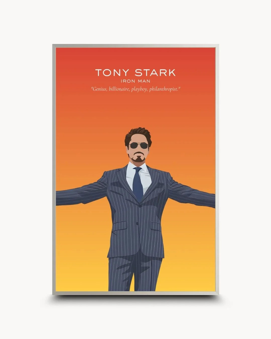 Modern minimalist Tony Stark art in a sleek Satin Silver frame. Professional and stylish tech-icon wall decor for urban spaces.