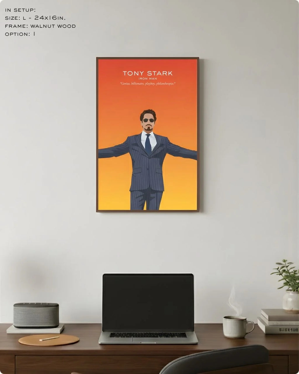 Large (Size L - 24x16in) Tony Stark minimalist tech icon art in a Walnut Wood frame, showing the ideal scale for a professional office wall setup.