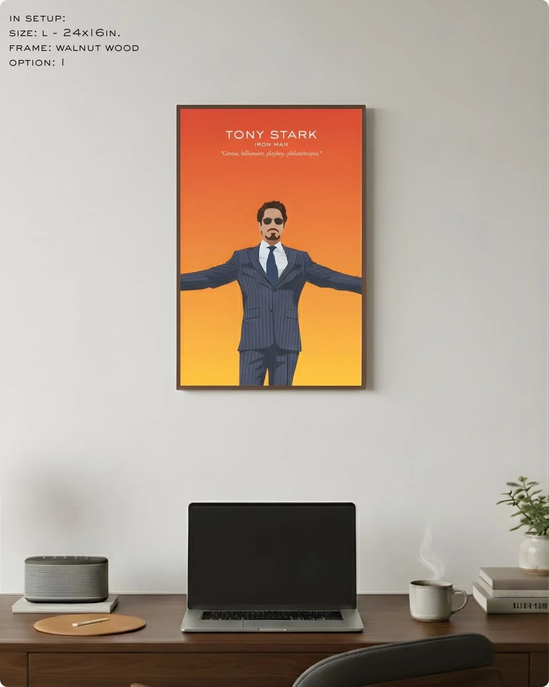 Large (Size L - 24x16in) Tony Stark minimalist tech icon art in a Walnut Wood frame, showing the ideal scale for a professional office wall setup.