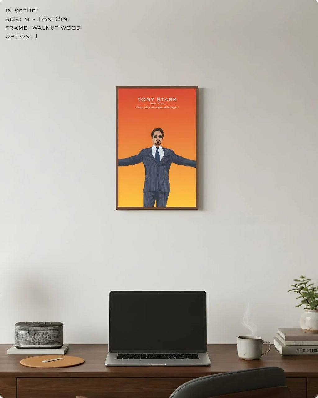 Medium (Size M - 18x12in) Tony Stark "Genius" quote print in a Walnut Wood frame. Perfect scale for a compact home office or study nook.