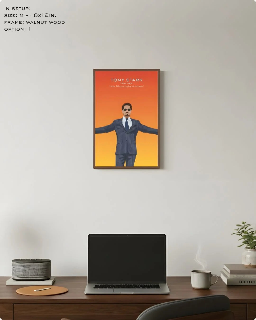 Medium (Size M - 18x12in) Tony Stark "Genius" quote print in a Walnut Wood frame. Perfect scale for a compact home office or study nook.