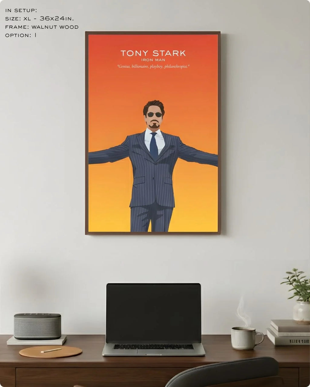 Extra Large (Size XL - 24x36in) Tony Stark illustration in a premium Walnut Wood frame, demonstrating scale above a modern dark wood desk.