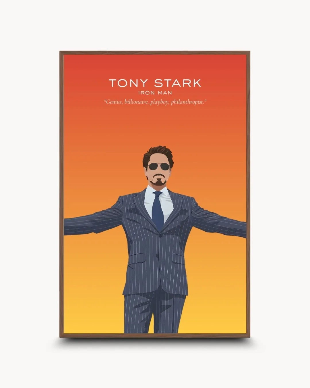 Sophisticated Tony Stark minimalist illustration in a Walnut Wood frame. High-contrast Marvel-themed wall art for premium home offices.