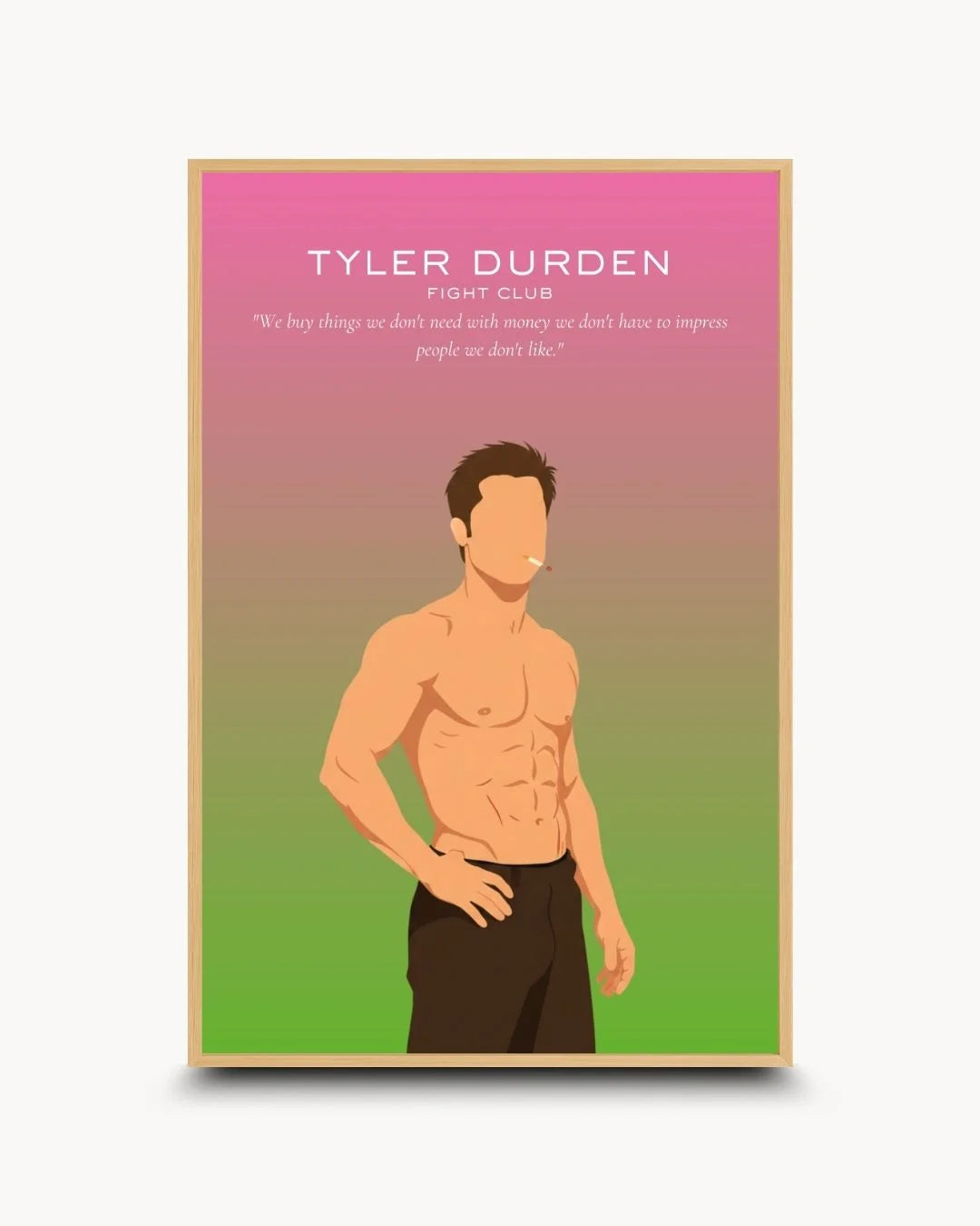 Iconic Tyler Durden flat art in a natural Maple Wood frame. Contemporary cinema-inspired decor for modern, light interiors.