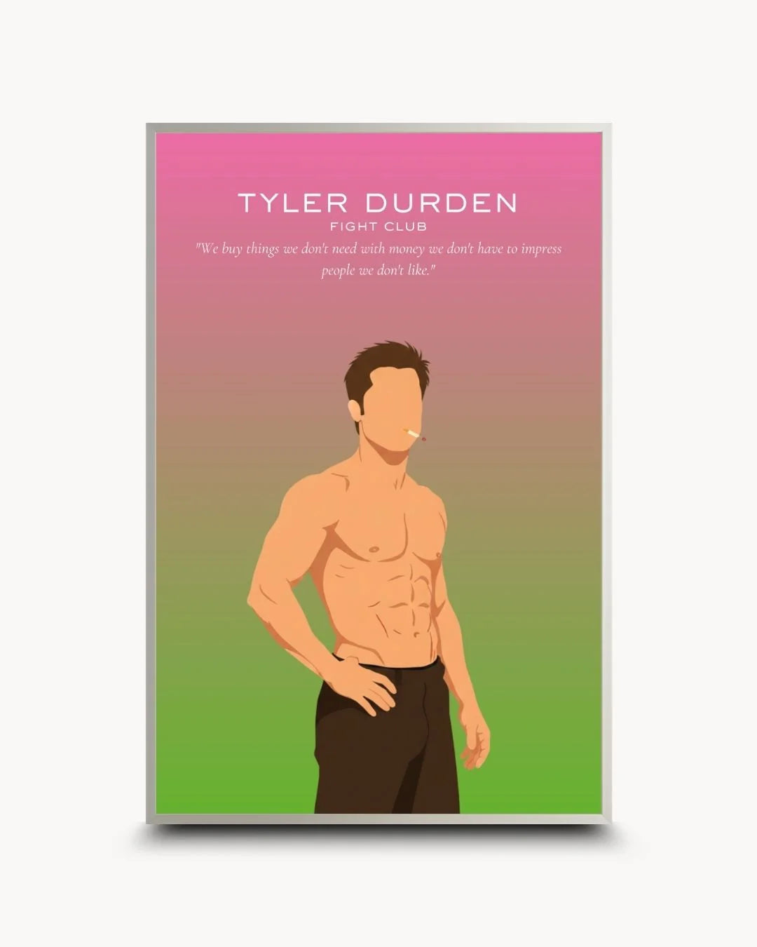 Modern minimalist Tyler Durden art in a sleek Satin Silver frame. Professional and stylish cult-classic wall decor for urban spaces.
