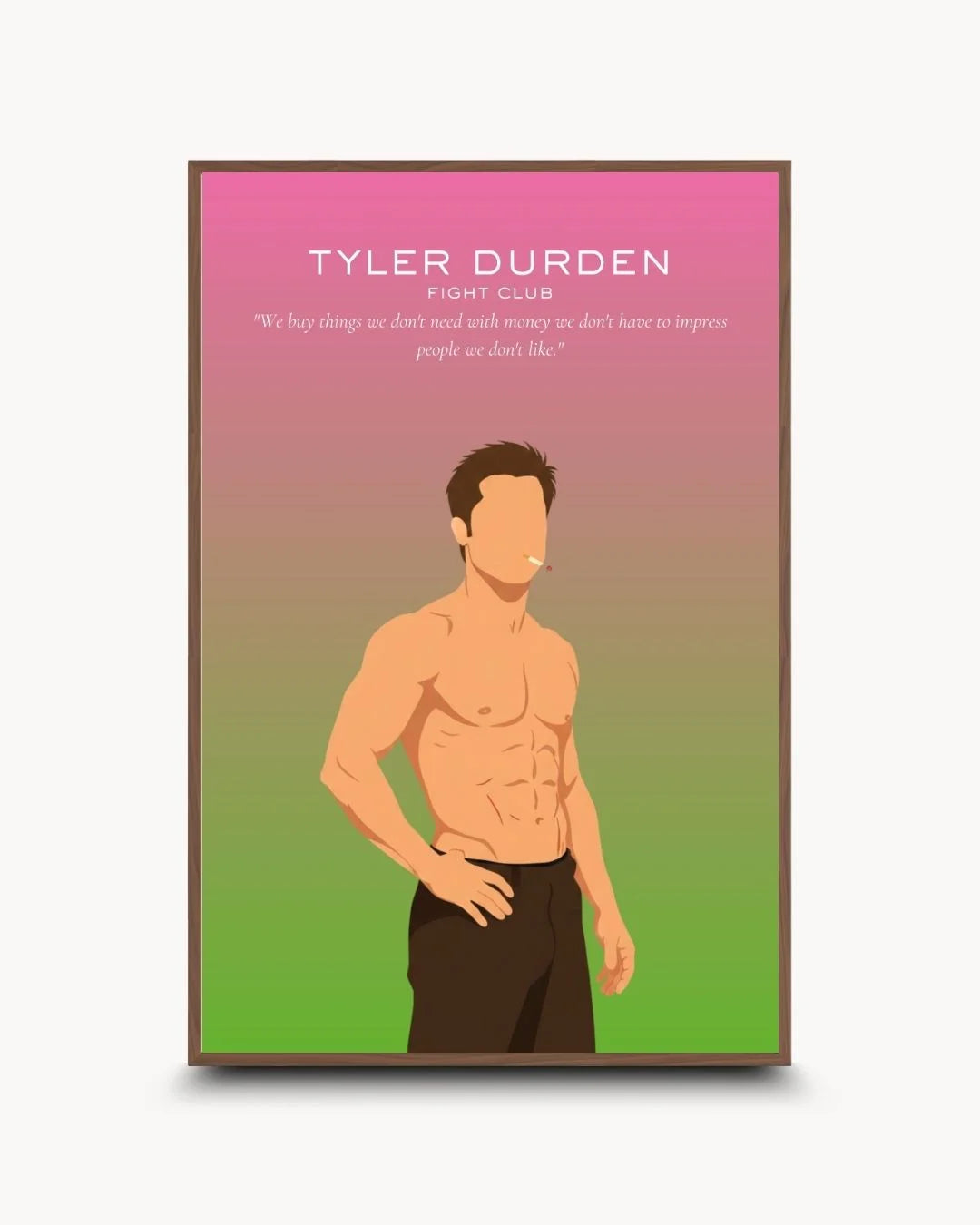 Sophisticated Tyler Durden minimalist illustration in a Walnut Wood frame. High-contrast Fight Club themed wall art for premium home offices.