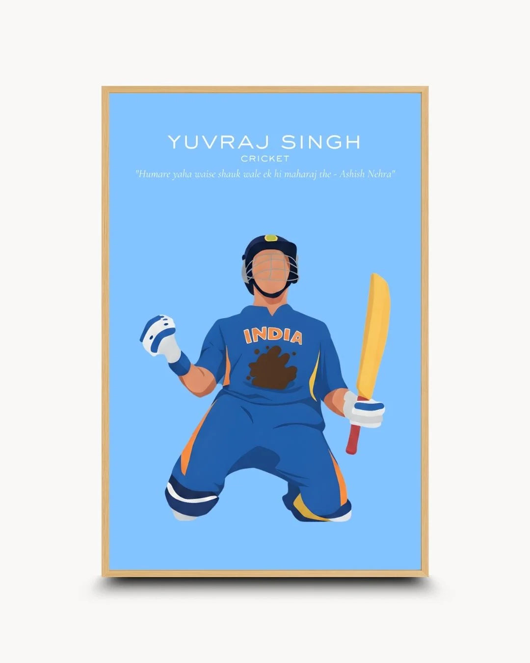 Legendary cricketer Yuvraj Singh flat art in a natural Maple Wood frame. Contemporary sports decor for light, modern interior spaces.
