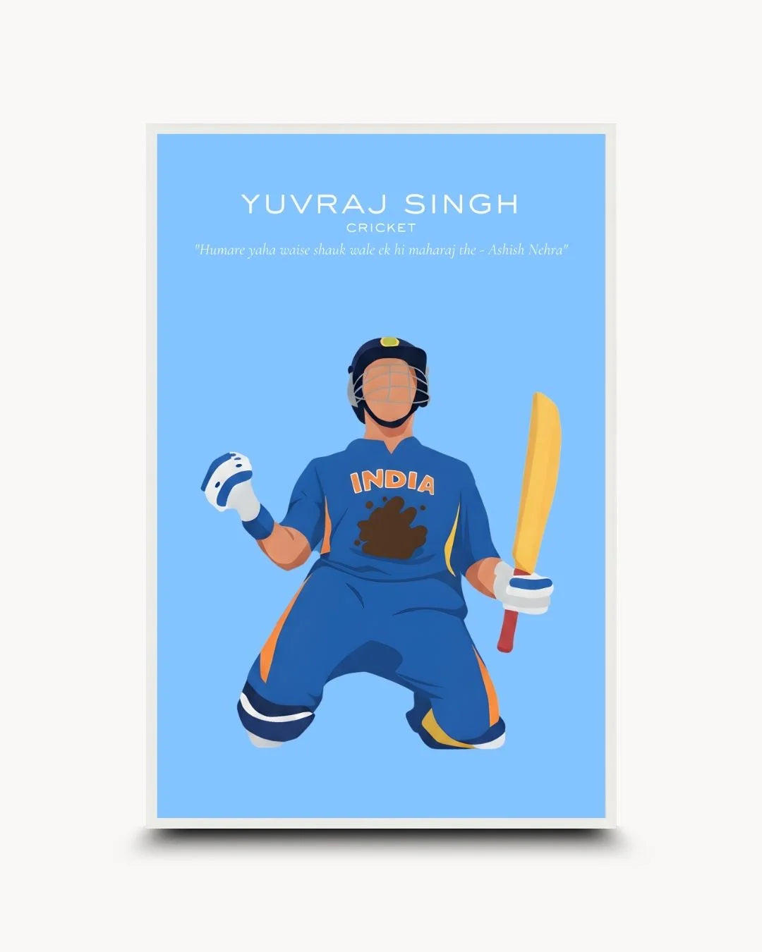 Pop Culture: Icons - Yuvraj Singh art print in a Moon White frame. Clean, modern sports icon silhouette on a light blue background.