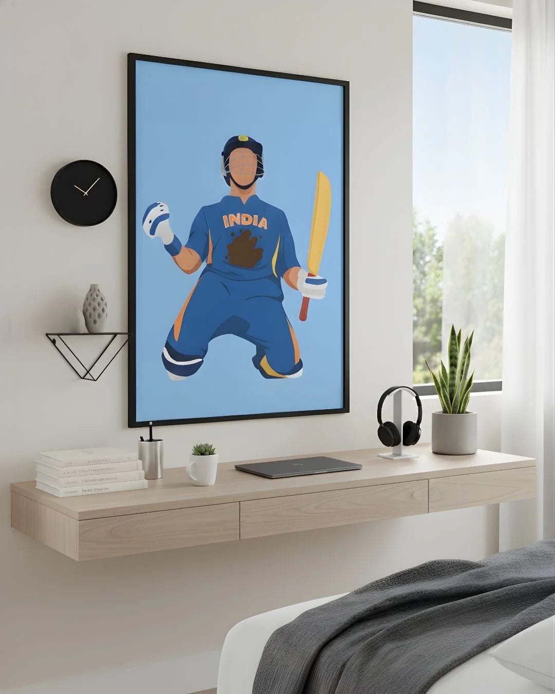 Minimalist Yuvraj Singh cricket print in an XL Noir Black frame (24x36in) styled above a floating desk in a modern bedroom-office.