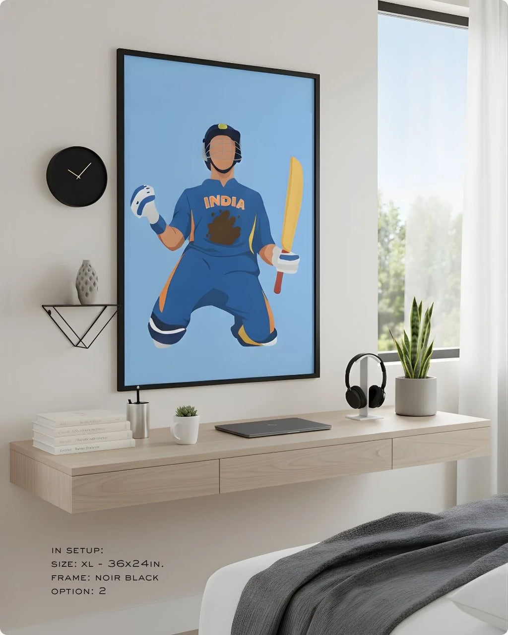 Minimalist Yuvraj Singh cricket print in an XL Noir Black frame (24x36in) styled above a floating desk in a modern bedroom-office.