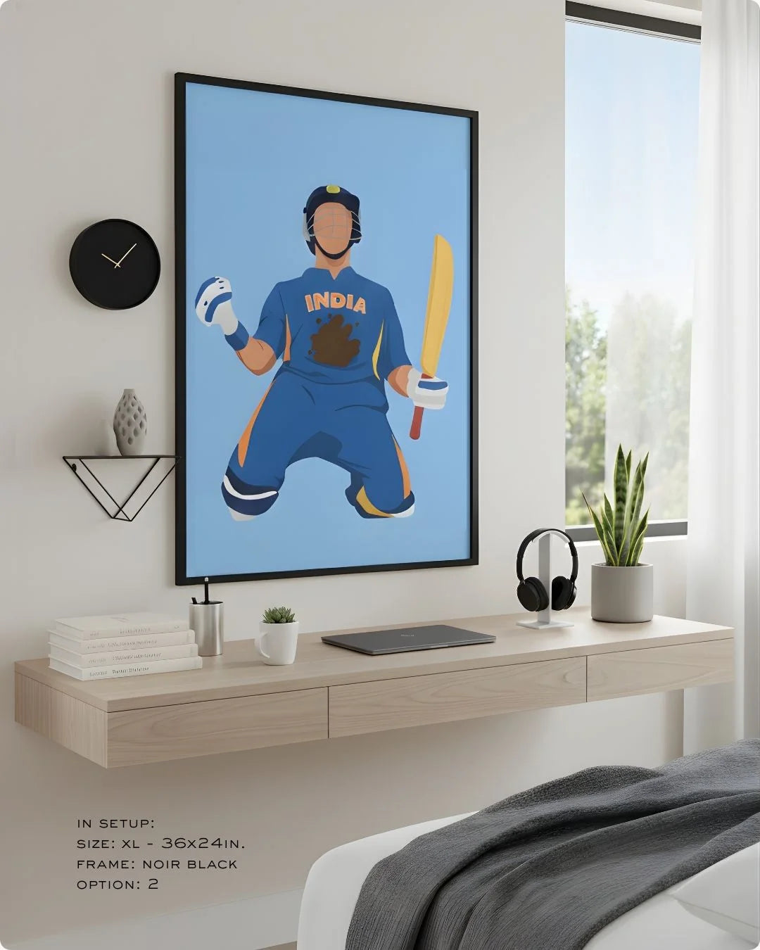 Minimalist Yuvraj Singh cricket print in an XL Noir Black frame (24x36in) styled above a floating desk in a modern bedroom-office.