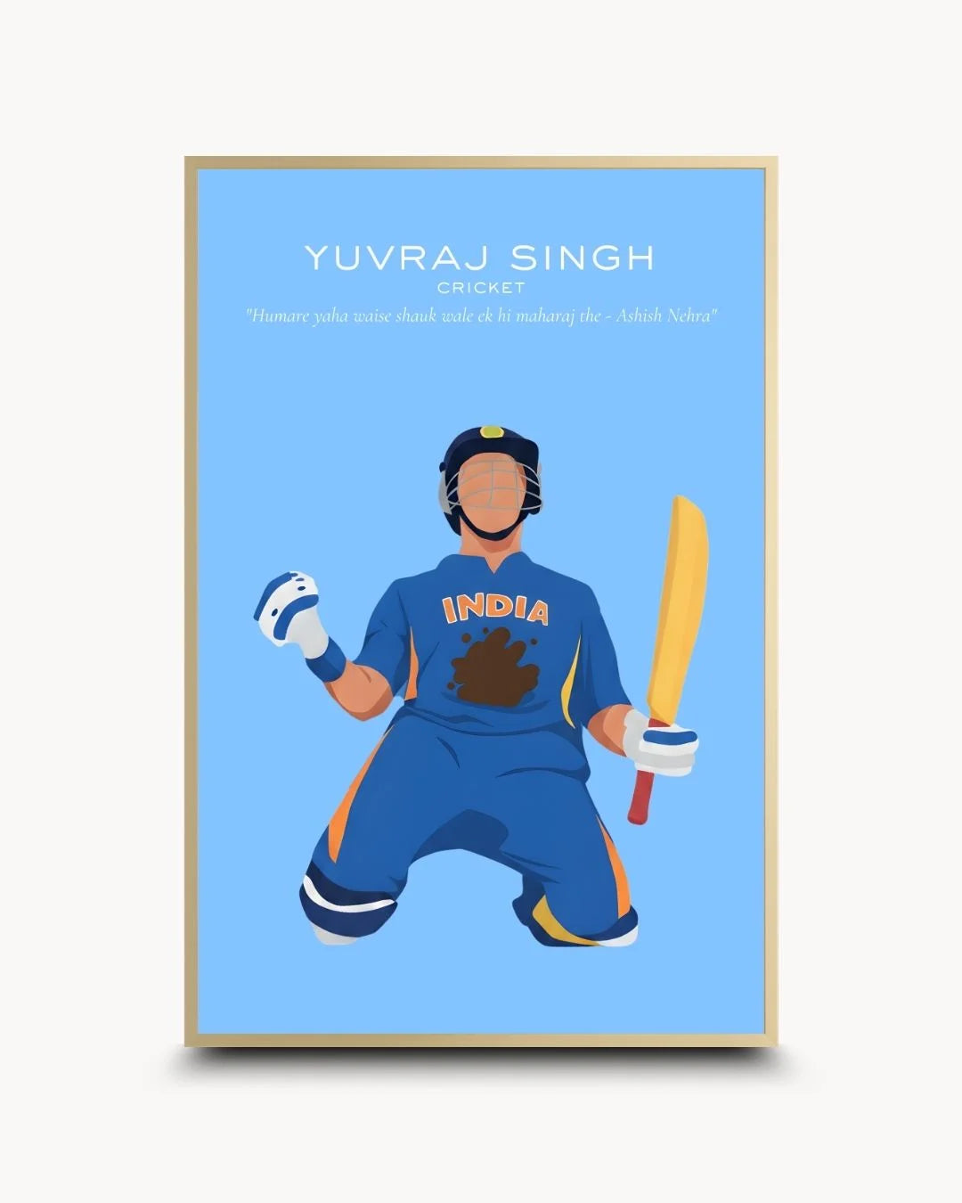 Champion Yuvraj Singh silhouette in a luxury Satin Gold frame. Premium sports fan wall art by K2C Co.
