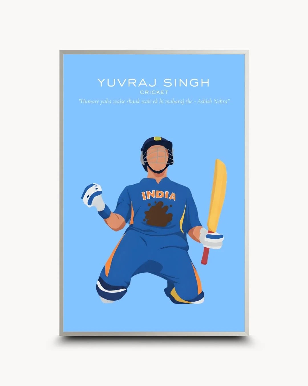 Modern minimalist Yuvraj Singh cricket art in a sleek Satin Silver frame. Sophisticated sports-themed wall decor for urban homes.