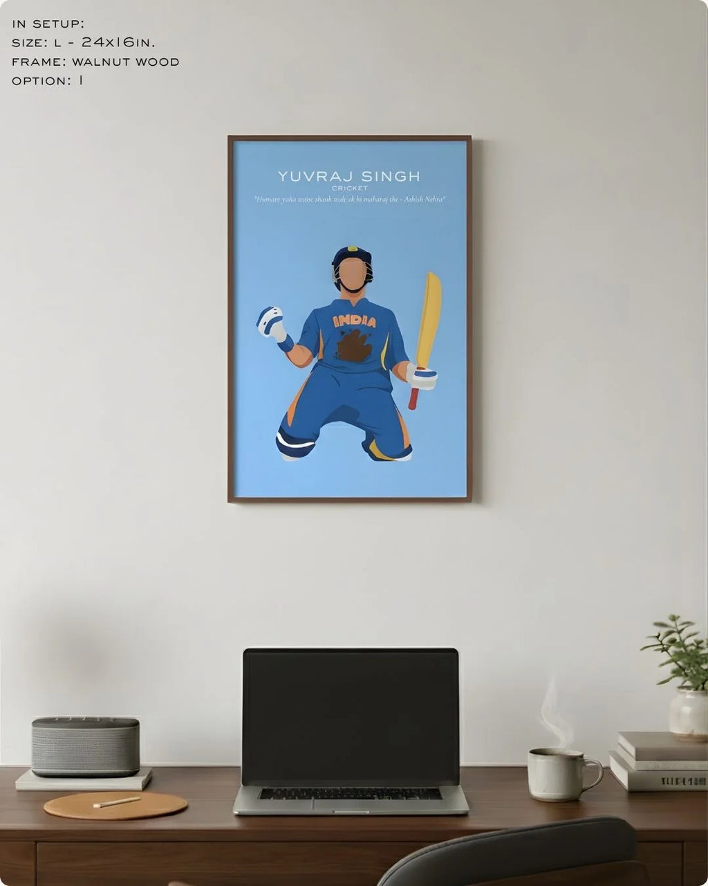 Large (Size L - 24x16in) Yuvraj Singh minimalist sports art in a Walnut Wood frame, showing the ideal scale for an office wall setup.