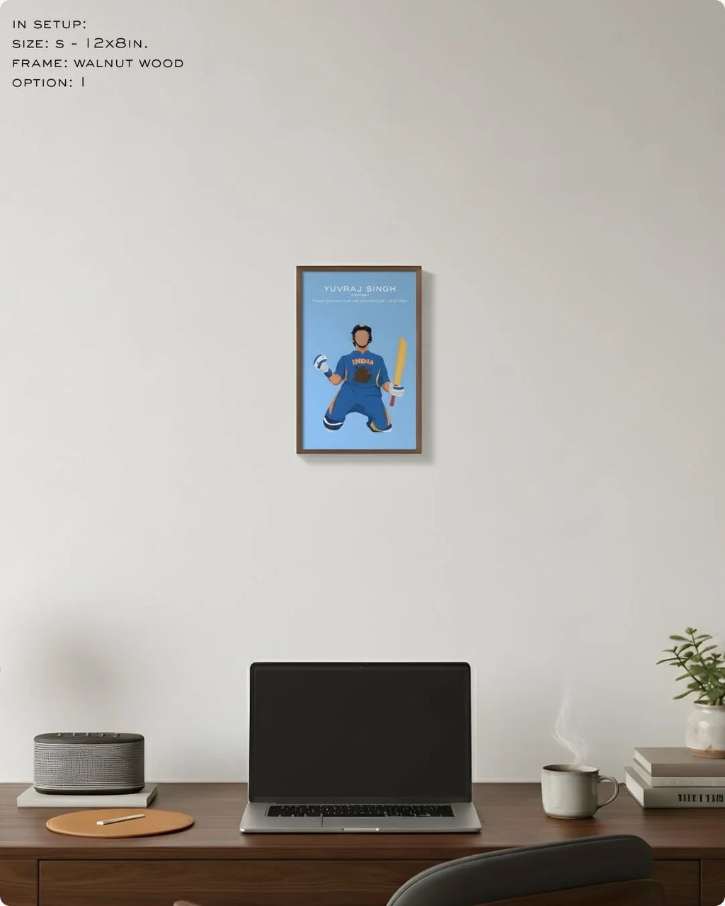 Small (Size S - 12x8in) Yuvraj Singh art print in a Walnut Wood frame. A refined sports accent for shelf styling or a small gallery wall.