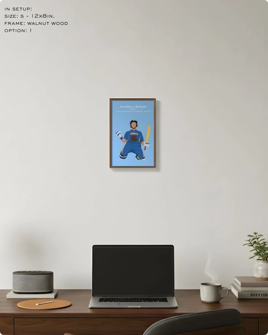 Small (Size S - 12x8in) Yuvraj Singh art print in a Walnut Wood frame. A refined sports accent for shelf styling or a small gallery wall.