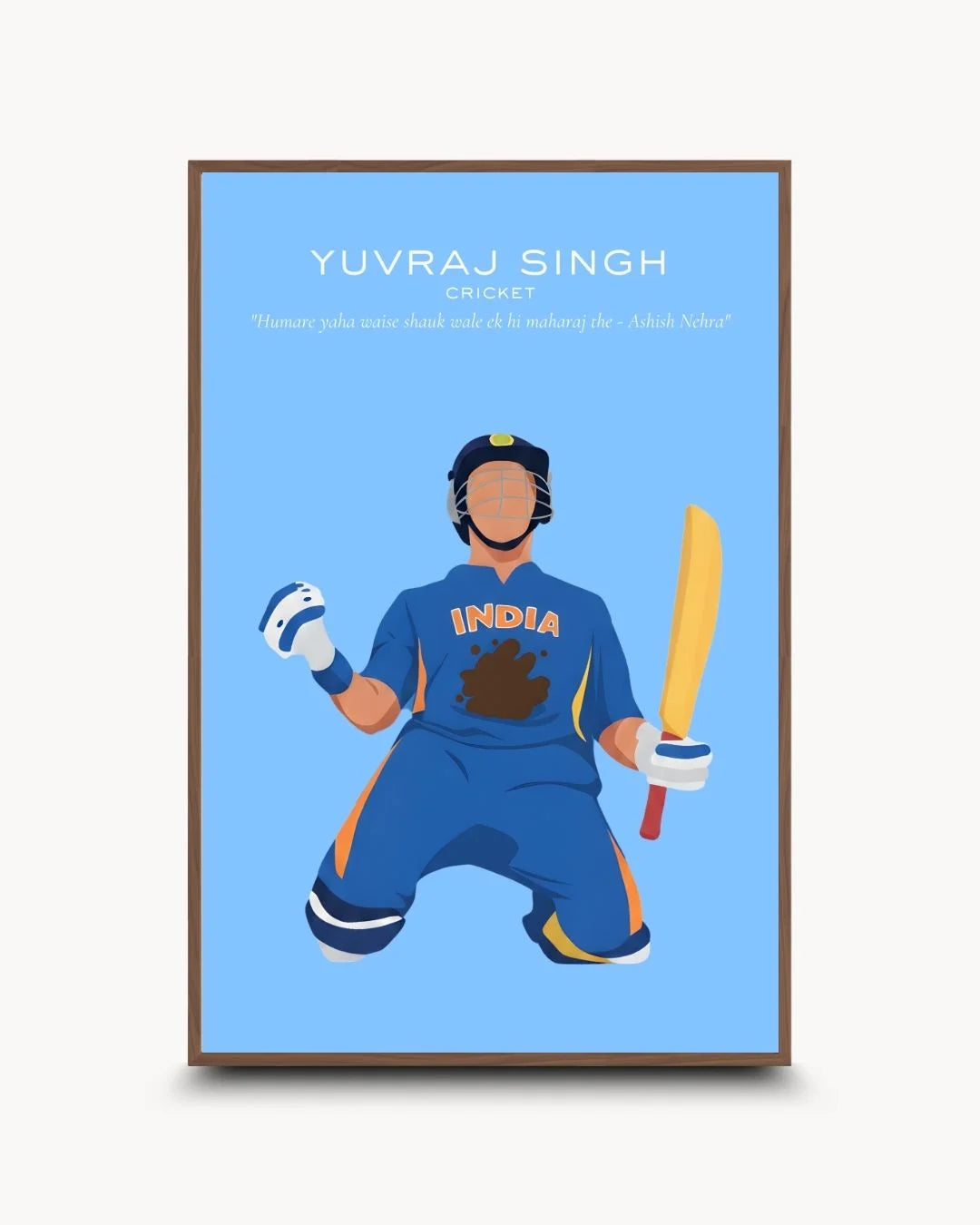 Yuvraj Singh minimalist cricket illustration in a sophisticated Walnut Wood frame. High-contrast sports wall art for premium interiors.