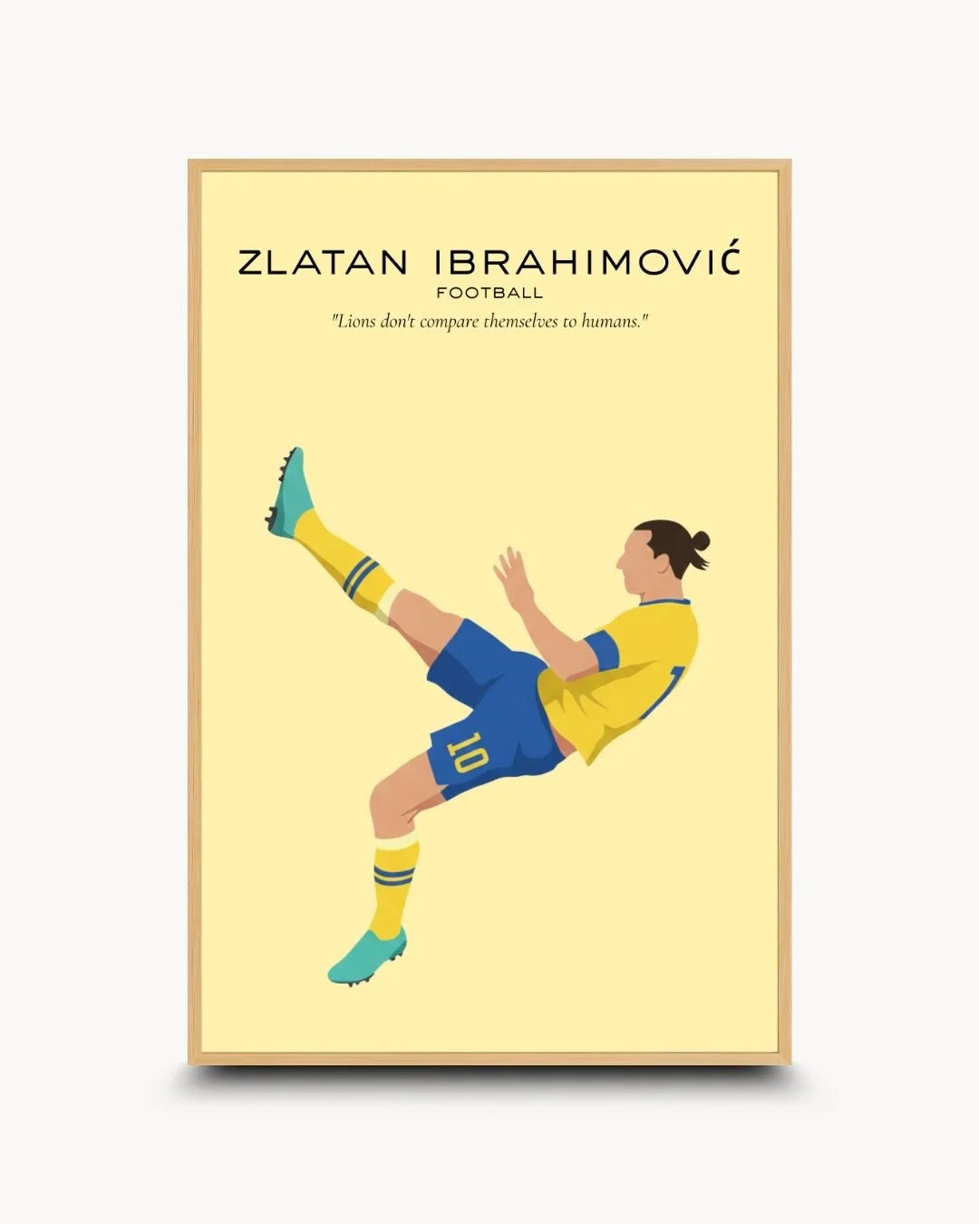 Legendary footballer Zlatan Ibrahimović flat art in a natural Maple Wood frame. Contemporary sports decor for light, modern interiors.